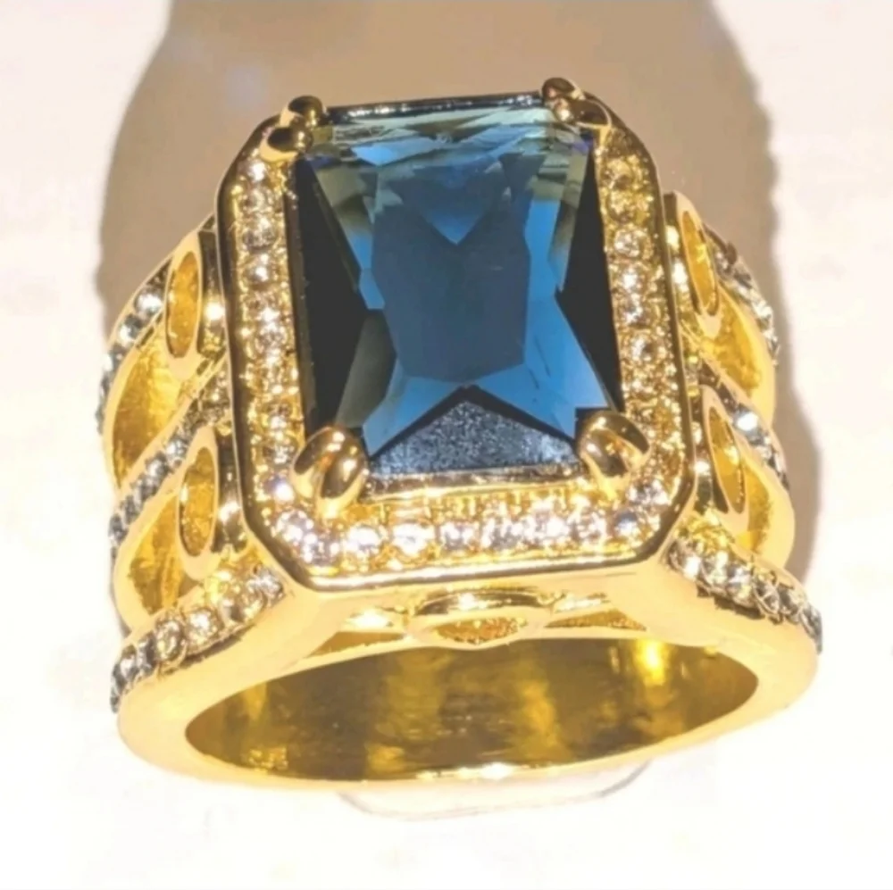 8ct Emerald Lab Created Blue Sapphire Mens Wedding Ring 14k Yellow Gold Plated11